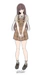 1girl absurdres blue_eyes blush breasts brown_dress brown_hair closed_mouth commentary_request dress full_body grey_shoes grey_socks hair_between_eyes highres long_hair looking_at_viewer original shirt shoes short_sleeves simple_background smile socks solo unasaka_ryou white_background 