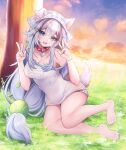  1girl absurdres animal_ears ball barefoot blue_eyes breasts cleavage collar commentary dog_ears dog_girl dog_tail evening fang feet furuca grass grey_hair hair_between_eyes highres indie_virtual_youtuber large_breasts legs long_hair looking_at_viewer multicolored_nails open_mouth outdoors pink_collar pointy_ears shirt skin_fang solo spiked_collar spikes sunset tail tennis_ball tennis_ball_hair_ornament thighs tree untranslatable_commentary v vei_(dog_girl)_(vtuber) vei_(vtuber) virtual_youtuber white_shirt 