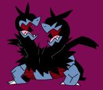  black_fur blue_fur claws commentary covered_eyes fangs microsoft_paint_(medium) mspaintmons multiple_heads no_humans open_mouth pokemon pokemon_(creature) purple_background simple_background solo two-tone_fur zweilous 