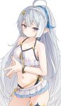  1girl absurdres auuufox bikini bikini_skirt blue_eyes bracelet breasts commentary_request cowboy_shot female_tyrant_(stella_sora) female_tyrant_(swimsuit)_(stella_sora) grey_hair hairband highres jewelry key long_hair looking_at_viewer navel official_alternate_costume own_hands_together pointy_ears simple_background small_breasts solo stella_sora stomach swimsuit tyrant_(stella_sora) very_long_hair white_background white_bikini white_hairband 