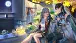  2boys 2girls architecture black_gloves black_jacket black_skirt breasts brown_hair bubbles_(honkai:_star_rail) chinese_clothes clothing_cutout colored_inner_hair commentary_request couple dan_heng_(honkai:_star_rail) dan_heng_(imbibitor_lunae)_(honkai:_star_rail) detached_sleeves diting_(honkai:_star_rail) dragon_boy dragon_horns earrings east_asian_architecture english_commentary eye_contact eyeliner feeding feet_out_of_frame fingerless_gloves food full_moon gloves green_eyes green_hair grey_hair hair_between_eyes hetero highres holding holding_food holding_lantern holding_plate honkai:_star_rail honkai_(series) horns jacket jewelry lantern long_hair looking_at_another makeup medium_breasts mixed-language_commentary moon multicolored_hair multiple_boys multiple_girls night official_alternate_costume on_bench open_mouth outdoors pants paper_lantern plate pointy_ears red_eyeliner shirt signature sitting skirt stelle_(honkai:_star_rail) stelle_(vim_and_vigor)_(honkai:_star_rail) trailblazer_(honkai:_star_rail) tree vase very_long_hair white_shirt wide_sleeves yellow_eyes yyk9489 
