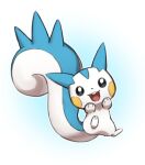  1other absurdres buck_teeth commentary full_body hands_on_own_face highres open_mouth pachirisu pokemon pokemon_(creature) simple_background squirrel_tail tail teeth untranslatable_commentary zuzu_(ywpd8853) 