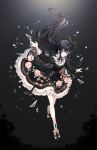  1girl arcaea bib_collar black_dress black_hair blue_eyes bow bow_flower broken_glass broken_mirror dress dress_bow glass glass_shards highres long_hair mirror pleated_capelet solo suzunashi tairitsu_(arcaea) tairitsu_(axium)_(arcaea) 