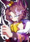 1girl absurdres animal_ears bare_shoulders blue_eyes bob_(you-u-kai) breasts brown_hair closed_mouth clothes_around_waist commentary_request electricity eye_trail fur-trimmed_jacket fur_trim hair_between_eyes highres horse_ears horse_girl jacket light_trail long_sleeves looking_at_viewer narita_taishin_(nevertheless)_(umamusume) narita_taishin_(umamusume) pink_jacket shirt short_hair small_breasts solo tank_top tied_shirt umamusume yellow_shirt yellow_tank_top 