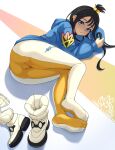  1girl absurdres black_hair blue_eyes blue_hoodie chinese_commentary closed_mouth commentary_request cube_hair_ornament earclip full_body hair_ornament hands_up highres holding_own_hair hood hood_down hoodie leggings lida_(pokemon) like_l long_hair long_sleeves looking_at_viewer lying on_side pokemon pokemon_legends:_z-a ribbed_socks shoes sidelocks smile socks solo topknot unworn_shoes unworn_socks white_shoes white_socks 
