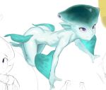  1girl ass bent_over colored_skin commentary fins fish_girl huge_ass princess_ruto purple_eyes sketch smile spry the_legend_of_zelda the_legend_of_zelda:_ocarina_of_time the_legend_of_zelda:_ocarina_of_time_(remake) young_princess_ruto zora 