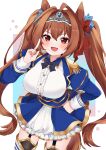  1girl aiguillette animal_ears black_bow black_garter_straps black_thighhighs blue_jacket blue_skirt blush bow breasts brown_hair center_frills commentary_request daiwa_scarlet_(peak_blue)_(umamusume) daiwa_scarlet_(umamusume) epaulettes fang frills garter_straps hair_intakes highres horse_ears horse_girl horse_tail jacket juliet_sleeves kyuzuki89 large_breasts layered_legwear layered_skirt long_hair long_sleeves looking_at_viewer open_mouth puffy_sleeves red_eyes shirt skirt smile solo tail thighhighs tiara twintails umamusume very_long_hair white_shirt white_skirt white_thighhighs 