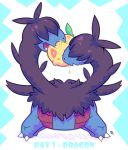  alixcitement black_fur blue_background blue_fur claws covered_eyes eating english_text multiple_heads no_humans pokemon pokemon_(creature) solo two-tone_background two-tone_fur white_background zweilous 