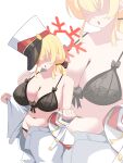  1girl absurdres akusan6666 black_bra black_panties blonde_hair blue_archive bow bow_bra bra breasts coat commentary_request faceless faceless_female halo hat highres jacket large_breasts long_hair long_sleeves open_fly open_pants panties pants partially_undressed red_winter_guard_(blue_archive) shako_cap sidelocks underwear white_coat white_hat white_pants 