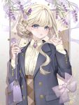  1girl :o bag belt blazer blonde_hair blue_eyes blue_jacket blunt_bangs braid braided_bun brown_belt brown_skirt collared_shirt commentary earrings fingernails flower gem hair_bun hair_flower hair_ornament hands_up highres holding holding_bag jacket jewelry lavender_(flower) long_sleeves looking_at_viewer nail_polish open_clothes open_jacket original plaid_clothes plaid_skirt pocket puracotte purple_bag purple_flower purple_gem purple_nails purple_ribbon raised_eyebrows ribbon ribbon_earrings shirt signature skirt solo upper_body white_shirt 