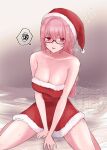  1girl absurdres bare_shoulders breasts cleavage commentary_request dress fujitaka_na glasses hat highres large_breasts long_hair looking_at_viewer pink_hair purple_eyes red_dress red_hat santa_costume santa_dress santa_hat solo spoken_squiggle squiggle thighs tsukishiro_yanagi very_long_hair zenless_zone_zero 