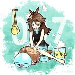 1girl bag barefoot black_shirt blue_shorts blush blush_stickers bright_pupils brown_eyes brown_hair bucket closed_eyes commentary english_commentary eyelashes feet green_(pokemon) hair_between_eyes highres holding_rag long_hair lying mofinngram nostrils on_stomach open_mouth outline painting_(medium) pokedex_number pokemon pokemon:_let's_go_pikachu!_and_let's_go_eevee! pokemon_(creature) shirt shorts sitting sleeveless sleeveless_shirt smile soap_bubbles squirtle toes traditional_media washing_another watercolor_(medium) white_outline white_pupils yellow_bag 
