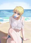  1girl absurdres ahoge aqua_shorts arm_support artoria_pendragon_(fate) beach bikini blonde_hair blue_bikini blush braid braided_base breasts bun_with_braided_base cloud collarbone commentary day dot_nose english_commentary fate/stay_night fate_(series) food food_in_mouth green_eyes hair_between_eyes hair_bun highres knees_up looking_to_the_side medium_breasts midriff mouth_hold ocean off_shoulder outdoors popsicle popsicle_in_mouth saber_(fate) sand see-through_clothes see-through_shirt shadow shirt short_hair short_sleeves shorts sidelocks sitting sky solo swimsuit water white_shirt zoekiel_feux3538 