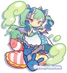  1girl animal animal_slippers ankleband belt blue_belt blue_bow blue_bowtie blue_gloves blue_horns blue_slippers blue_wings bow bowtie bunny_slippers colorful_clouds commentary_request curled_horns demon_girl demon_horns demon_tail demon_wings dress forward-facing_horns full_body gloves green_hair grey_pantyhose hair_bow heart heart-shaped_pillow horns long_hair looking_at_viewer official_style pantyhose parted_lips pillow pimyuhuwa playing_with_own_hair puyopuyo puyopuyo_quest red_eyes sana_(puyopuyo) simple_background sleeveless sleeveless_dress slippers solo striped_pillow tail tapir twirling_hair twitter_username two_side_up very_long_hair white_background white_dress wings 