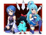  3girls absurdres alt_text aqua_(deltarune) aqua_(kingdom_hearts) aqua_(konosuba) aqua_dress aqua_skin bare_shoulders black_hair black_thighhighs blue_eyes blue_hair bow bowtie breasts color_connection colored_skin covered_eyes deltarune detached_sleeves dress fang fingerless_gloves gloves green_bow green_bowtie hair_between_eyes hair_bow hair_ornament hair_rings hair_wings highres kingdom_hearts knife kono_subarashii_sekai_ni_shukufuku_wo! leo_art_kingdom medium_breasts multiple_girls multiple_knives name_connection open_mouth red_bow red_shoes shoes single_hair_ring skirt sleeves_past_fingers sleeves_past_wrists smile sphere_hair_ornament thighhighs utdr_(toby_fox) 
