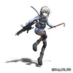  1girl absurdres black_pantyhose closed_mouth daewoo_xk9 girls'_frontline green_eyes grey_hair gun hair_between_eyes headset highres holding holding_gun holding_weapon kong_ing_yeo light_smile looking_at_viewer military_combat_uniform military_uniform original pantyhose solo submachine_gun tactical_clothes thighband_pantyhose thighs weapon 