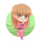  1girl artist_name belt black_belt blackpink blonde_hair brown_hair chibi circle commentary earrings full_body glasses gloves glowstick harulovesbp high_heels highres holding holding_glowstick hoop_earrings jewelry lisa_(blackpink) long_hair pink_gloves pink_lips pink_shoes shoes smile solo sparkle 