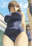 3girls arms_behind_back arue_(konosuba) blue_one-piece_swimsuit breast_envy breasts brown_hair commentary_request covered_navel glowing highres izawa_(bhive003) kono_subarashii_sekai_ni_bakuen_wo! kono_subarashii_sekai_ni_shukufuku_wo! large_breasts long_hair low_twintails megumin multiple_girls one-piece_swimsuit red_eyes short_hair short_twintails small_breasts swimsuit twintails wide_hips yunyun_(konosuba) 