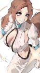  absurdres bigsatodontart bleach bleach:_sennen_kessen-hen blush breasts brown_eyes brown_hair cleavage_cutout clothing_cutout collared_vest detached_sleeves floating_hair hair_ornament highres inoue_orihime inoue_orihime_(sennen_kessen-hen) large_breasts long_hair long_skirt navel parted_bangs ribbed_vest shun_shun_rikka skirt snowflake_hair_ornament vest white_skirt white_vest 