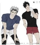  2boys art_program_in_frame black_hair black_shirt blue_shirt bokuto_koutarou closed_mouth haikyuu!! hand_in_pocket highres kuroo_tetsurou male_focus multiple_boys one_eye_closed red_shorts shirt short_hair shorts simple_background sso_s standing t-shirt towel towel_around_neck white_background white_hair white_shorts 