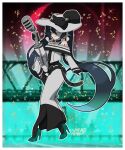  1girl aqua_hair aqua_shoes arm_tattoo bare_shoulders belt black_belt black_bow black_gloves black_hair black_necktie black_pantyhose blush bow bridge closed_mouth commentary crossed_bangs dark_miku_(project_voltage) dress earrings english_commentary eyelashes full_body gloves gradient_hair grey_dress grey_hat hair_between_eyes hat hat_bow hatsune_miku high_heels highres holding holding_microphone jewelry long_hair long_sleeves luxury_ball microphone microphone_stand multicolored_hair musical_note necktie number_tattoo outline pantyhose poke_ball poke_ball_hair_ornament pokemon project_voltage red_eyes ring shoes signature smile solo sparkle split_mouth tattoo tie_clip tiffknights731 twintails very_long_hair vocaloid white_outline wide_brim 