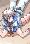  1boy 1girl blue_sailor_collar blue_skirt brown_hair commentary covered_collarbone defeat dougi fingerless_gloves from_above gloves headband highres ikaringo_(ikaringo4444) kasugano_sakura lying muscular muscular_male neckerchief on_back open_mouth pleated_skirt puffy_short_sleeves puffy_sleeves red_eyes red_gloves ryu_(street_fighter) sailor_collar sash short_hair short_sleeves sitting sitting_on_face skirt sleeveless street_fighter sweatdrop thighs v_arms white_headband yellow_neckerchief 