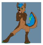  anthro barbell_piercing black_ear_piercing black_nose blue_background blue_body blue_fur blue_pawpads blue_tail brown_body brown_ears brown_fur brown_inner_ear brown_tail canid cheek_tuft claws crotch_tuft ear_piercing elbow_tuft facial_tuft fangs featureless_crotch front_view fur gauged_ear green_body green_claws green_eyes green_fur green_tail grey_barbell_piercing grey_ear_piercing grey_piercing hi_res industrial_piercing male mammal martinballamore open_mouth pawpads piercing pink_tongue shoulder_tuft simple_background solo standing toe_claws tongue tuft 