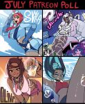  5girls aqua_gem ascot ass bead_necklace beads bent_over bikini black_hair black_romper black_sarong blue_boots blue_eyes blue_eyeshadow blue_gloves blue_hair blue_jacket blue_shorts blue_streaks boots bound breasts bright_pupils chair character_name cleavage commentary cropped_jacket crossed_legs cup dark-skinned_female dark_skin diamond-shaped_earrings diamond_(gemstone) dress earrings english_commentary eyeshadow fishnet_pantyhose fishnets frilled_ascot frills gagged gem glass gloves gloves_over_sleeves green_hair hair_bun hair_flowing_over hair_ornament half-closed_eyes halter_shirt halterneck hand_on_own_hip hand_on_own_thigh highres holding holding_cup holding_plate hoop_earrings jacinthe_(pokemon) jacket jewelry juliet_sleeves large_breasts lebanne_(pokemon) lipstick long_hair long_sleeves low_drills maid maid_headdress makeup master_and_servant medium_breasts midriff moon multicolored_hair multiple_girls navel neck_ring necklace nessa_(pokemon) night official_alternate_costume olivia_(pokemon) on_chair one_eye_closed one_side_up open_mouth pantyhose pink_gem pink_lips plate pokemon pokemon:_twilight_wings pokemon_black_and_white pokemon_legends:_z-a pokemon_sun_and_moon pokemon_sword_and_shield poll puffy_sleeves purple_dress purple_eyes purple_hair purple_shorts red_hair romper salute sarong short_hair short_hair_with_long_locks short_shorts shorts sidelocks single_hair_bun sitting sky skyla_(pokemon) smile streaked_hair sunset swimsuit tankini tea two-tone_hair under-elbow_gloves underwater very_dark_skin wanderjegson white_gloves 