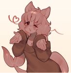  1girl animal_ears art_trade blowing_kiss bra_strap breasts brown_shoes cetacean_tail cleavage colored_skin commentary dog_ears english_commentary fins fish_tail heart heart_of_string littlecamiseta medium_breasts medium_hair off-shoulder_sweater off_shoulder original pink_hair pink_skin red_eyes shoes solo sweater tail upper_body 
