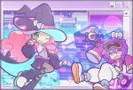  +_+ 2girls alternate_costume black_boots black_cape black_hat black_skirt black_sleeves blue_cape blue_hat boots building cape commentary_request detached_sleeves drill_hair drill_sidelocks fang galatea_(puyopuyo) goggles goggles_on_head green_eyes grey_pantyhose grey_shirt hand_on_headset hat headset jacket liresil_(puyopuyo) long_hair long_sleeves miniskirt multiple_girls non-humanoid_robot official_style one_eye_closed open_mouth orange-tinted_eyewear orange_eyes pants pantyhose pimyuhuwa pink_hair puffy_sleeves purple_hair purple_jacket puyopuyo puyopuyo_quest robot shirt shoes short_hair sidelocks skirt skyscraper sleeveless sleeveless_shirt sleeves_past_fingers sleeves_past_wrists smile sparkle sun tinted_eyewear twitter_username two-sided_cape two-sided_fabric two-sided_headwear vaporwave white_pants white_shoes winding_key window_(computing) witch_hat 