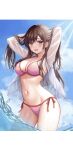  1girl bangs bikini blush breasts brown_eyes brown_hair cleavage highres kanojo_okarishimasu large_breasts long_hair looking_at_viewer mizuhara_chizuru navel open_mouth see-through smile solo swept_bangs swimsuit syehera77 wading 