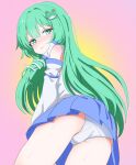 1girl :t absurdres ass blue_skirt blush closed_mouth commentary cowboy_shot crotch_seam detached_sleeves frog_hair_ornament from_behind gradient_background green_eyes green_hair hair_ornament hair_tubes highres kochiya_sanae long_hair looking_at_viewer looking_back panties pantyshot pink_background pout shirt simple_background skirt sleeveless sleeveless_shirt snake_hair_ornament solo sweat touhou underwear urauraurau16439 white_panties white_shirt white_sleeves 