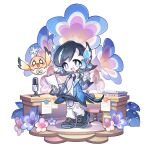  1girl absurdres bird black_hair blush bow bright_pupils coat collared_shirt colored_extremities flower full_body furry furry_female hair_ornament hand_up highres holding holding_microphone holding_paper kookoo_(petit_planet) leaf leg_warmers microphone multicolored_hair necktie o_o open_clothes open_coat open_mouth pale_skin paper petit_planet purple_eyes shirt shoes short_hair sneakers spinning_chair stool teeth tile_floor tiles trixie_(petit_planet) upper_teeth_only white_leg_warmers white_pupils yellow_bow 