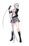  1girl arm_up black_choker black_jacket black_shoes black_socks blazer blue_eyes bracelet choker collared_shirt commentary_request earrings english_commentary ezu_(leejiyu) full_body grey_hair grey_skirt high_heels highres holding holding_microphone holding_microphone_stand jacket jewelry king's_raid korean_commentary looking_to_the_side microphone microphone_cord microphone_stand mixed-language_commentary necktie official_alternate_costume official_art pink_necktie plaid_clothes plaid_skirt scarlet_(king's_raid) school_uniform second-party_source shirt shoes short_hair simple_background skirt socks solo white_background white_shirt wristband 