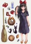  1girl animal black_dress black_hair blue_eyes blush bread broom cat closed_mouth collarbone croissant cup dress food full_body grey_background hairband highres jiji_(majo_no_takkyuubin) kiki_(majo_no_takkyuubin) long_hair looking_at_viewer majo_no_takkyuubin milk_carton orange_footwear red_footwear red_hairband saya_(mychristian2) shoes short_sleeves simple_background standing 