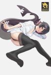  1girl :o absurdres ass black_collar black_hair black_panties breasts brown_pantyhose clothes_pull collar collared_shirt colored_inner_hair commentary_request dress_shirt ear_piercing ellen_joe ellen_joe_(on_campus) fins fish_tail highres long_sleeves looking_at_viewer lying medium_breasts mole mole_under_eye multicolored_hair naa_onn no_bra official_alternate_costume on_side open_clothes open_shirt panties pantyhose pantyhose_pull piercing pink_hair pink_nails red_eyes scar scar_on_tail shark_girl shark_tail shirt short_hair simple_background sleeves_rolled_up solo sticker tail underwear v white_background white_shirt zenless_zone_zero 