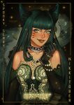  1girl animal_ears aqua_eyeliner aqua_hair bare_shoulders bead_bracelet bead_necklace beads black_background black_choker black_gloves black_shirt blunt_bangs bracelet card_(medium) cat_ears cat_girl cat_tail chain chain_necklace choker collarbone commentary dark-skinned_female dark_skin elbow_gloves english_commentary english_text eyeliner facial_mark gloves green_eyes happy highres hime_cut infinity_nikki jewelry lace-trimmed_gloves lace_shirt lace_trim light_blush lipstick long_hair makeup multiple_bracelets necklace nikki_(series) nostril_piercing parted_lips red_lips ronya_sanzoku shirt sidelocks slit_pupils smile solo sparkle spiked_choker spikes straight_hair strapless strapless_shirt stylist_(nikki) tail teeth upper_body very_long_hair whisker_markings 