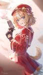  1girl absurdres animal_ears black_gloves blonde_hair blue_eyes colored_inner_hair commentary derringer gloves goat_ears goat_girl goat_tail gun handgun hat hat_bell highres holding hololive jacket looking_at_viewer medium_hair multicolored_hair porukana red_hat red_jacket solo streaked_hair suzuna_tsuzuri tail virtual_youtuber weapon white_hair 