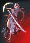  1girl absurdres braid breasts center_opening cleavage commentary crescent_moon double-parted_bangs falling_petals floating_hair flower full_body full_cleavage glint goddess_of_victory:_nikke grey_hair hair_between_eyes hair_flower hair_ornament hairband highres holding holding_sword holding_weapon japanese_clothes kimono large_breasts long_hair long_sidelocks looking_at_viewer low-braided_long_hair low-tied_long_hair moon nail_polish navel night no_bra obi official_alternate_costume okobo ootachi parted_lips partially_shaded_face petals platform_sandals pon_(p_9) red_eyes red_flower red_hairband red_nails red_petals red_rose red_sash reverse_grip rose rose_petals sandals sash scarlet_(black_shadow)_(longing_flower)_(nikke) scarlet_(nikke) short_sleeves sidelocks solo sword two-handed_sword two-tone_kimono very_long_hair weapon white_kimono 
