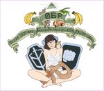  1girl absurdres animal_on_shoulder artist_request banana barefoot black-framed_eyewear black_hair bob_cut breasts collarbone crop_top drawfag eye_of_providence food freedom_of_russia_legion fruit fruit_request groin hair_ribbon hamster hamster_on_shoulder head_tilt highres lerochka medium_hair navel_peek on_ground onion original panties ribbon round_eyewear russian_anti-war_flag russian_text russian_volunteer_corps russo-ukrainian_war sitting small_breasts smile solo tank_top translation_request underwear white_panties white_tank_top 