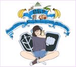  1girl absurdres animal_on_shoulder artist_request banana black-framed_eyewear black_hair blue_shorts bob_cut breasts collarbone drawfag eye_of_providence food freedom_of_russia_legion fruit fruit_request hair_ribbon hamster hamster_on_shoulder head_tilt highres lerochka medium_hair midriff_peek on_ground onion original purple_shirt ribbon round_eyewear russian_anti-war_flag russian_text russian_volunteer_corps russo-ukrainian_war shirt shorts single_bare_shoulder sitting small_breasts smile solo translation_request 