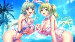  2girls :d alternate_costume animal_ears ao_no_kanata_no_four_rhythm blue_eyes blue_one-piece_swimsuit blue_sky blush bow breasts bunny_day casual_one-piece_swimsuit cleavage cloud collarbone commentary_request commission cowboy_shot day fake_animal_ears fake_tail frilled_one-piece_swimsuit frills ganeko_mayu green_hair hair_bow hand_up highleg highleg_one-piece_swimsuit highres holding_hands interlocked_fingers irina_avalon large_breasts leaning_forward lens_flare long_hair looking_at_viewer low_ponytail medium_hair multiple_girls navel o-ring o-ring_one-piece_swimsuit one-piece_swimsuit open_mouth outdoors palm_tree pink_bow pink_one-piece_swimsuit ponytail purple_eyes rabbit_ears rabbit_tail second-party_source shiny_skin side_ponytail sidelocks skeb_commission skindentation sky smile sweat swimsuit tail tareme teeth tree upper_teeth_only very_long_hair zen_(kamuro) 