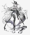  1girl a9712mob arknights ascot bangs boots coat corsage eyes_visible_through_hair full_body gladiia_(arknights) gloves greyscale hat high_collar highres knee_up monochrome red_eyes simple_background solo spot_color thigh_boots white_background 