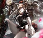  1girl =_= absurdres bear_hair_ornament black_boots black_jacket blue_eyes boots bow bowtie breasts collared_shirt commission crown curtains danganronpa:_trigger_happy_havoc danganronpa_(series) danganronpa_2:_goodbye_despair dutch_angle enoshima_junko evil_grin evil_smile falling_petals feet_out_of_frame fingernails floating_hair grin hair_ornament hand_up hat highres index_finger_raised indoors jacket knee_up lace-up_boots large_breasts long_fingernails long_hair looking_at_viewer loose_necktie miniskirt monokuma monomi_(danganronpa) nail_polish necktie on_bed open_clothes open_jacket orange_hair petals pleated_skirt pointing pointing_at_viewer red_bow red_bowtie red_nails red_skirt salute shirt sidelocks sitting skirt sleeves_rolled_up smile solo statue swept_bangs thighs top_hat toqha3247 twintails twitter_username two-finger_salute very_long_hair white_necktie white_shirt 