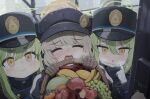  1other 3girls aoba_(blue_archive) apple banana basket black_hat blue_archive brown_gloves closed_eyes closed_mouth commentary_request doorway food fruit garados_(limmjiiiminnn99) gloves grapes green_hair green_halo grey_hair hair_between_eyes halo hat highres hikari_(blue_archive) holding holding_basket long_hair long_sleeves looking_at_viewer mask_pull melon multiple_girls nozomi_(blue_archive) open_mouth opening_door pointy_ears pout pov pov_doorway siblings sisters snot snow steam_from_mouth sweat twins white_gloves yellow_eyes yellow_halo 