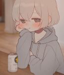  1boy alcohol beer beer_can blush can closed_mouth commentary_request drink_can grey_eyes grey_hoodie hn_(168x165_jj) hood hood_down hoodie jack_jeanne long_sleeves male_focus nose_blush open_can sapporo_beer shirota_mitsuki short_hair sitting sleeves_past_wrists smile solo white_hair 