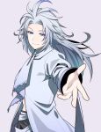  1boy ascot black_pants blue_eyes colored_eyelashes commentary_request cowboy_shot dissidia_duellum_final_fantasy dissidia_final_fantasy final_fantasy final_fantasy_ix grey_background grey_hair kuja kuja_(bewitching_actor) looking_at_viewer male_focus mamemaru09 outstretched_hand pants shirt simple_background smile solo white_ascot white_shirt 