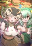  2girls anaconda_(kemono_friends) bell black_hair black_streaks blonde_hair blush boomslang_(kemono_friends) bow breasts christmas christmas_tree commentary_request crop_top double-parted_bangs flying_sweatdrops furrowed_brow green_hair green_hoodie grey_hair grey_hoodie happy heart hood hood_down hoodie indoors jingle_bell kemono_friends kemono_friends_3 large_breasts looking_at_another lunging multicolored_hair multiple_girls official_art open_mouth orange_hair pleated_skirt red_bow red_ribbon ribbon skirt snake_girl snake_tail spotted_tail star_(symbol) streaked_hair striped_clothes striped_tail tail tanotuti_05 twitching_tail wooden_wall 