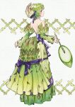  1girl asparagus back backless_dress backless_outfit bare_back bare_shoulders bow detached_sleeves dress dress_bow dress_ribbon english_commentary food food-themed_hair_ornament from_behind full_body green_dress green_hair hair_ornament highres holding holding_food humanization long_hair low-tied_long_hair original personification purple_bow purple_eyes purple_ribbon ribbon shirt short_hair solo strapless strapless_shirt umishima_senbon 