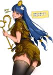  1girl absurdres ass black_thighhighs blue_eyes blue_hair brown_shirt brown_shorts collared_shirt commentary_request crossed_bandaids earrings facial_mark gold_headdress hair_ornament highres holding holding_scepter jewelry key_earrings kuya_(hey36253625) michigami_nareko scepter shirt short_sleeves shorts simple_background solo speech_bubble sphere_hair_ornament thighhighs torn_clothes torn_shirt touhou translation_request triangle triangle_facial_mark usekh_collar white_background 